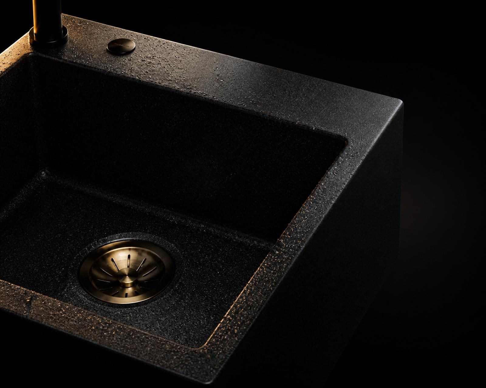 Savion Nexa Onyx — matte black quartz composite kitchen sink with brushed brass drain